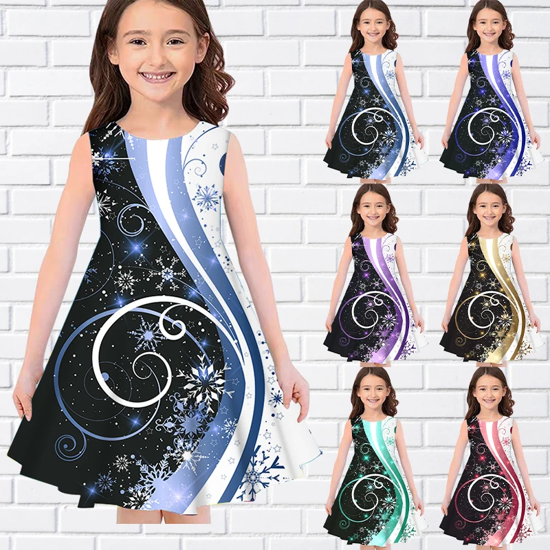 

Little Girl's Round Neck Summer Vintage Print Knee-length Skirt Lovely Princess Dress Midi Skirt Daily Street Dress Sleeveless