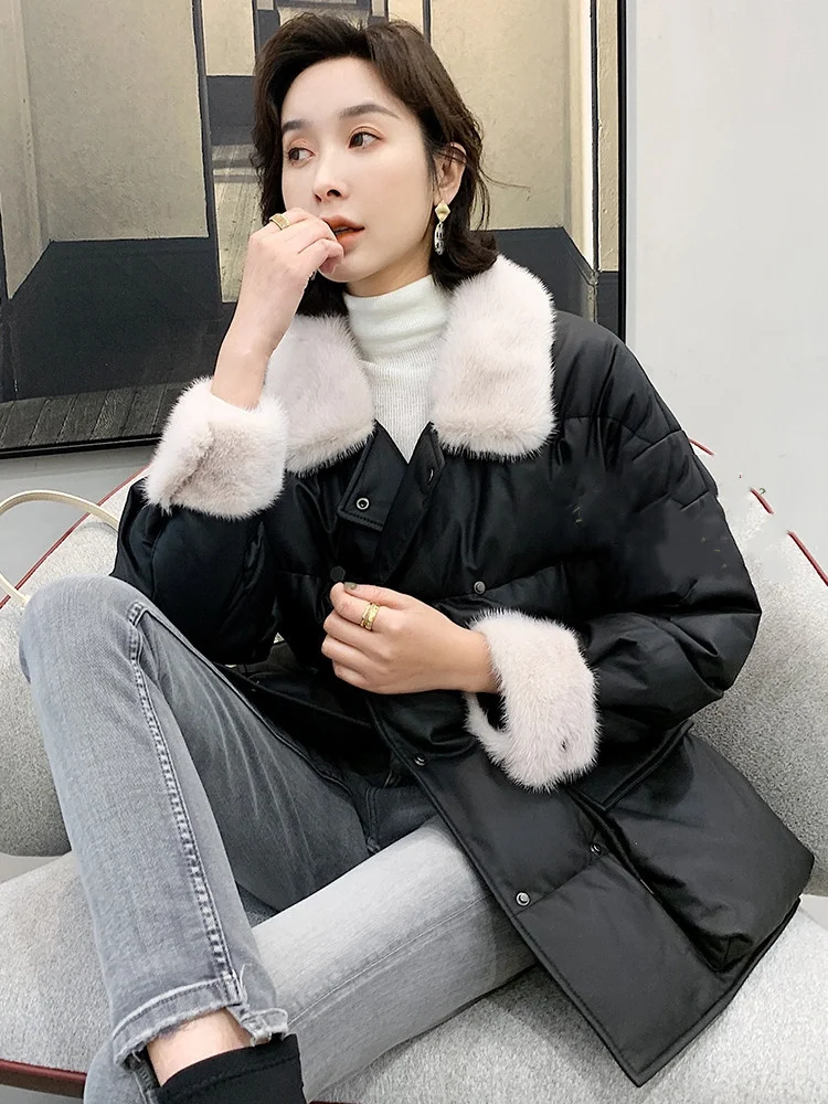 

Luxury brand 2023 Leather Jacket Women White Duck Down Coat Woman Sheepskin Jackets Natural Mink Fur Long Coats Abrigo Mujer TN1