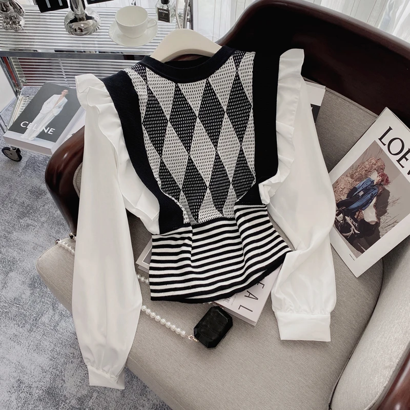 

Knitted Patchwork Women Blouse O Neck Long Sleeve Elegant Ruffles Blouses and Tops Fake Two Piece Shirts Arygle Blouses Femme