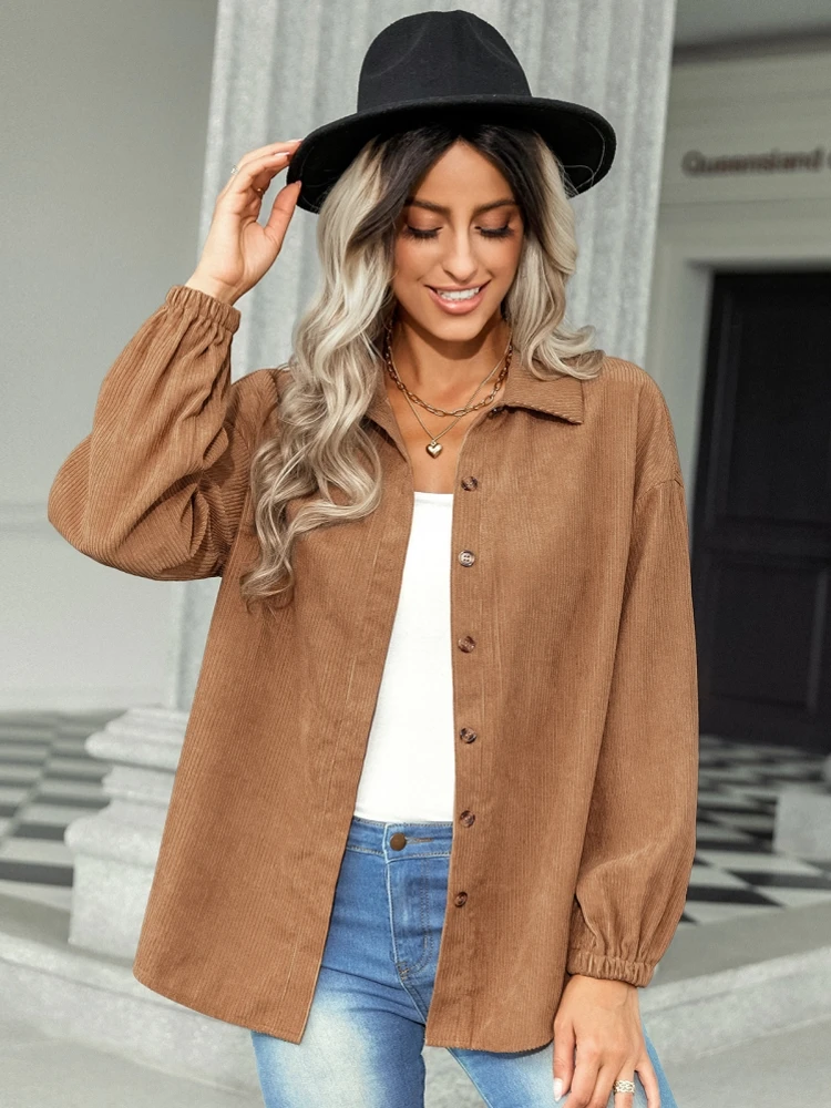 

Fashion Women Vintage Thin Coat Autumn Winter Corduroy Harajuku Lapel BF Style Jacket Elegant Solid New Loose Casual Jackets