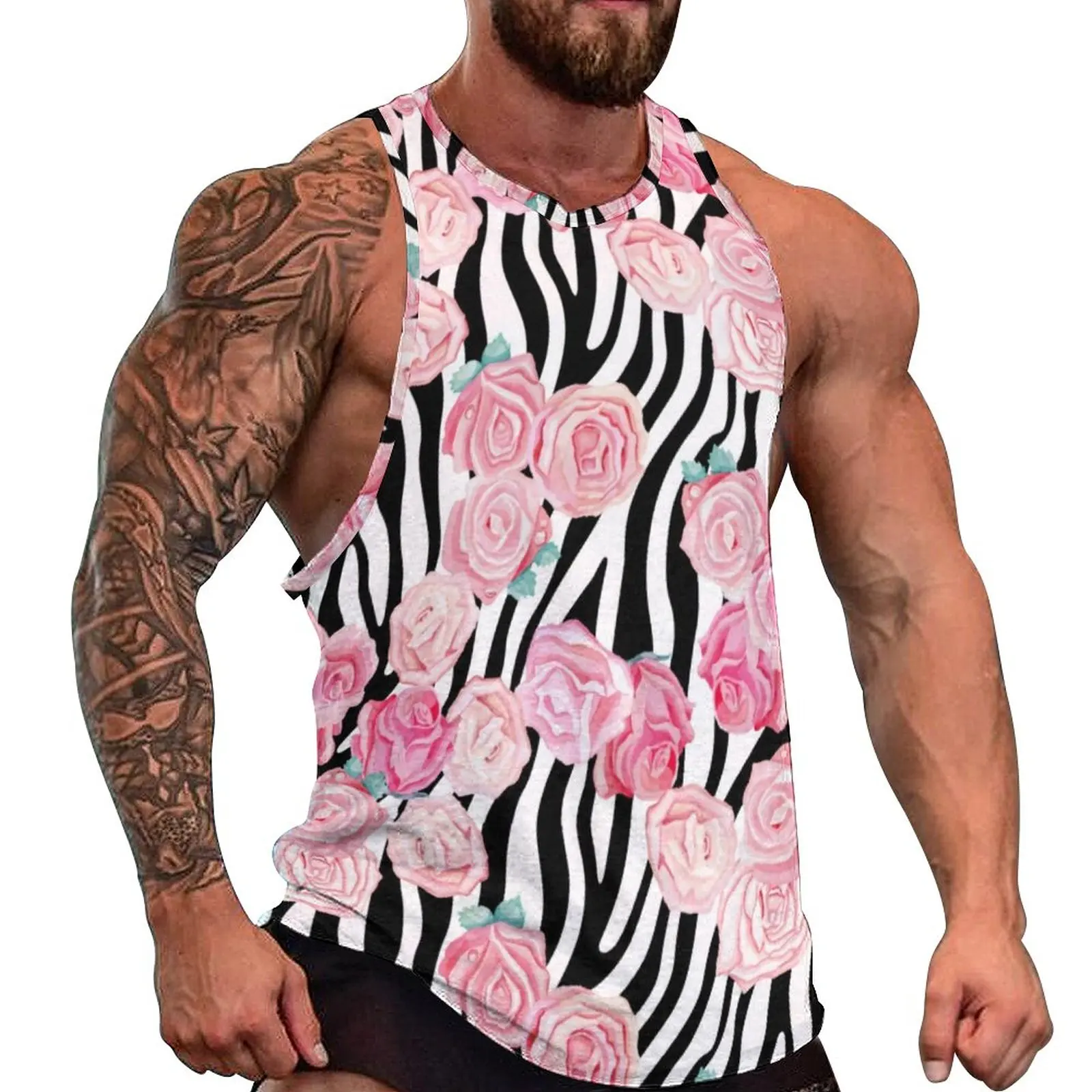 

Майка мужская оверсайз с принтом зебры, Пляжная спортивная одежда с графическим принтом, топ без рукавов с розовыми розами для бодибилдинга