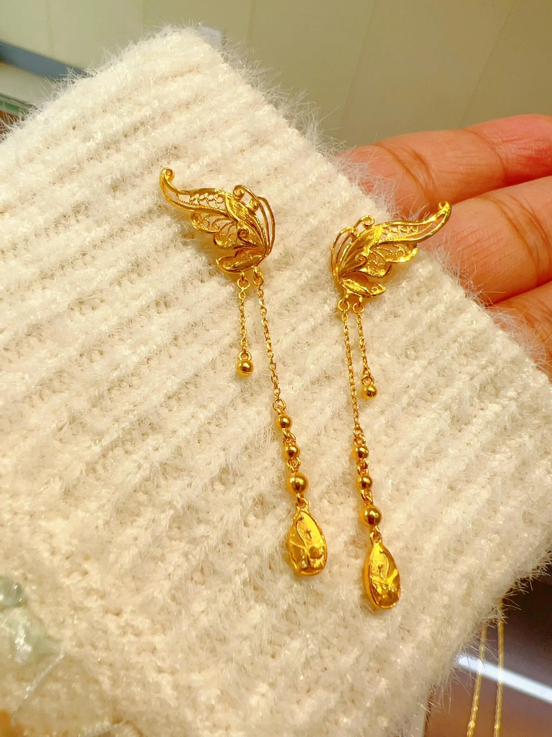 24K Золотой Цветок Шелковые Висячие Серьги Женщины Бессмертный Темперамент