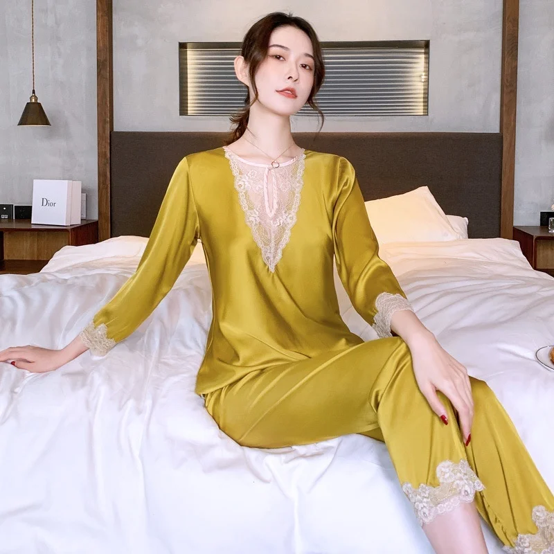 

Lisacmvpnel Women's Ice Silk Pajama Set Thin Two Piece Suit Sexy Pyjamas Autumn V-neck Lace Long Sleeve Pullover Home Clothes