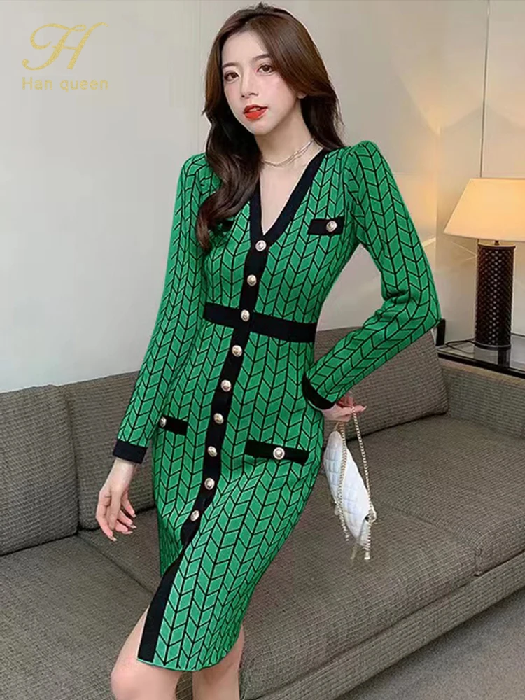 

H Han Queen Autumn Color Matching Houndstooth Knitted Dress V-Neck Single-Breasted Sheath Pencil Dresses Casual Vintage Vestidos