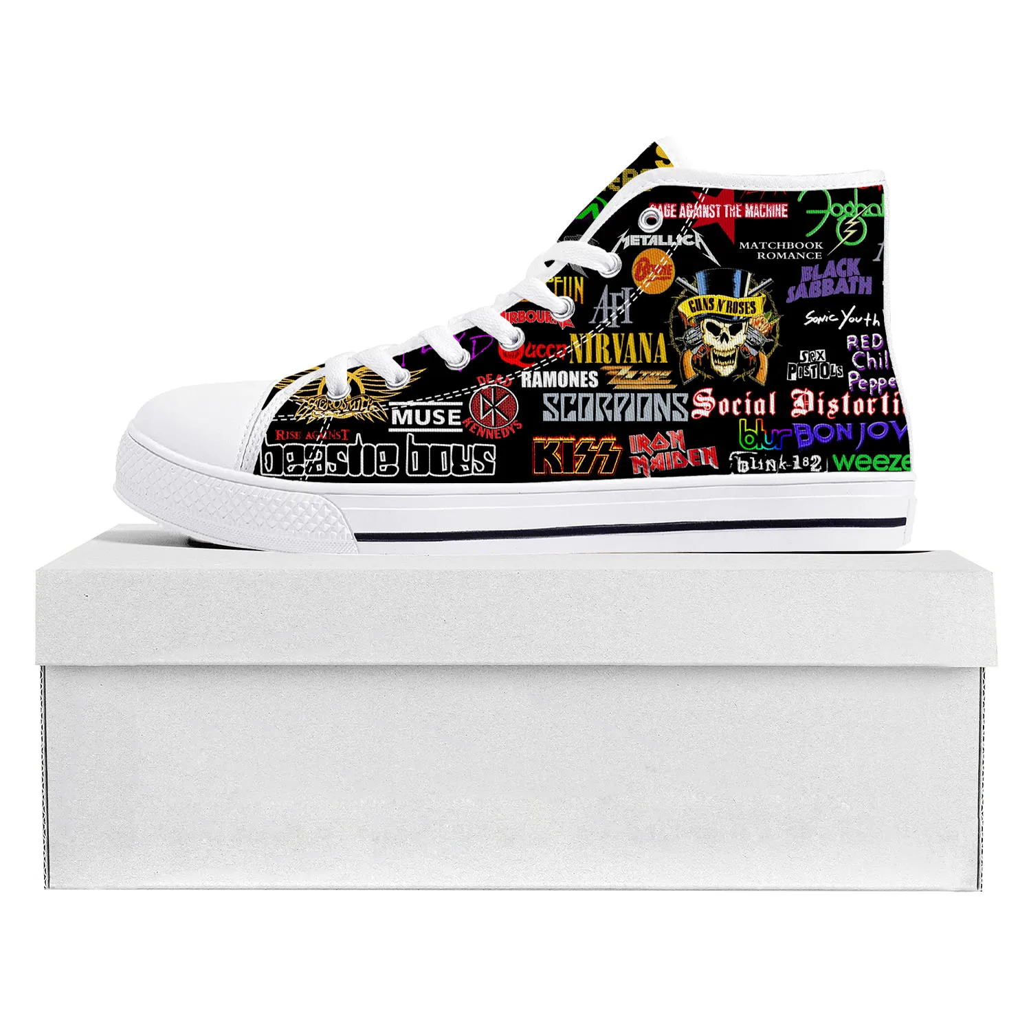 Rock Band Collage Pop High Top High Quality Sneakers Mens Womens Teenager Canvas Sneaker Casual Couple Shoes Custom Shoe White