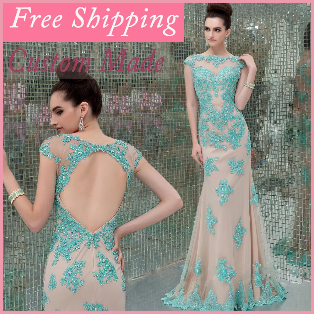 

2018 Elegant Sheath Lace Sleeves Prom Party See Through Open Back Vestido De Festa Free Shipping mother of the bride dresses