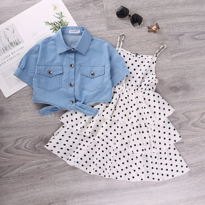 2Pcs Kids Dresses for Girls Elegant Sling Princess Dress Blue Denim Jacket 3-11 Years Girl Flower Summer Children Clothes - купить по