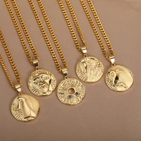 12 constellation round pendant necklace for women stainless steel cuban chain zodiac sign jewelry birthday gift collar
