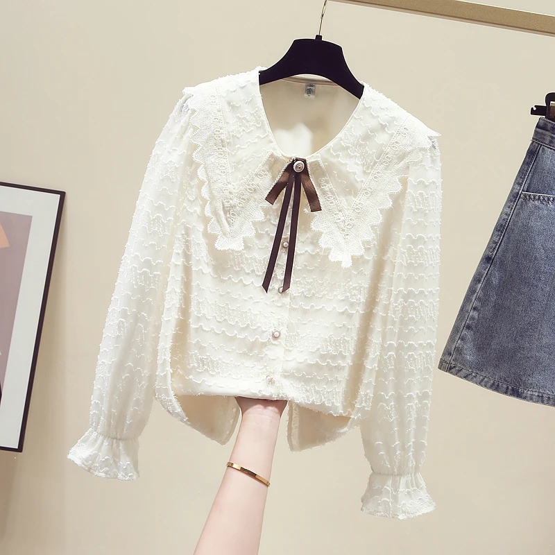 

CANSEN Lace Flowers Shirts Women's Fashion Design Gentle Peter Pan Collar Blouses Flare Sleeve Sweet Tops blusa feminina
