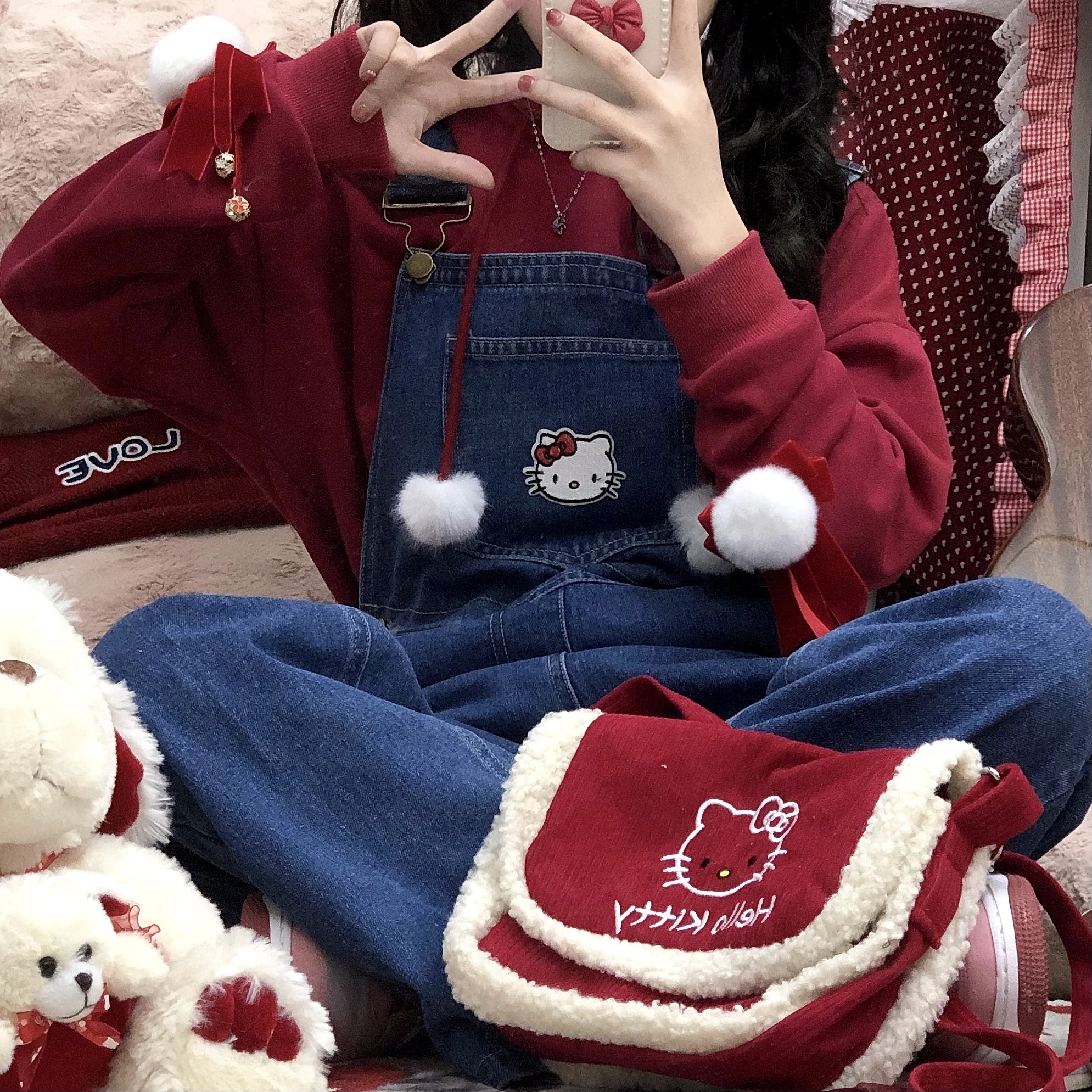 

Original Design Kittly Jeans Bib Overalls Printed Loose High Waist Casual Trousers Sweater Anime Kawaii Girly Pants Friend Gift