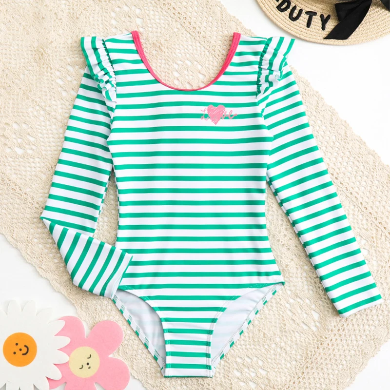 

Bathing Suit Kids Green Stripes Rashguard Girl Long Sleeve Swimsuit for Girls Sweet Cute Children's Swimwear Pool Beach Clothes