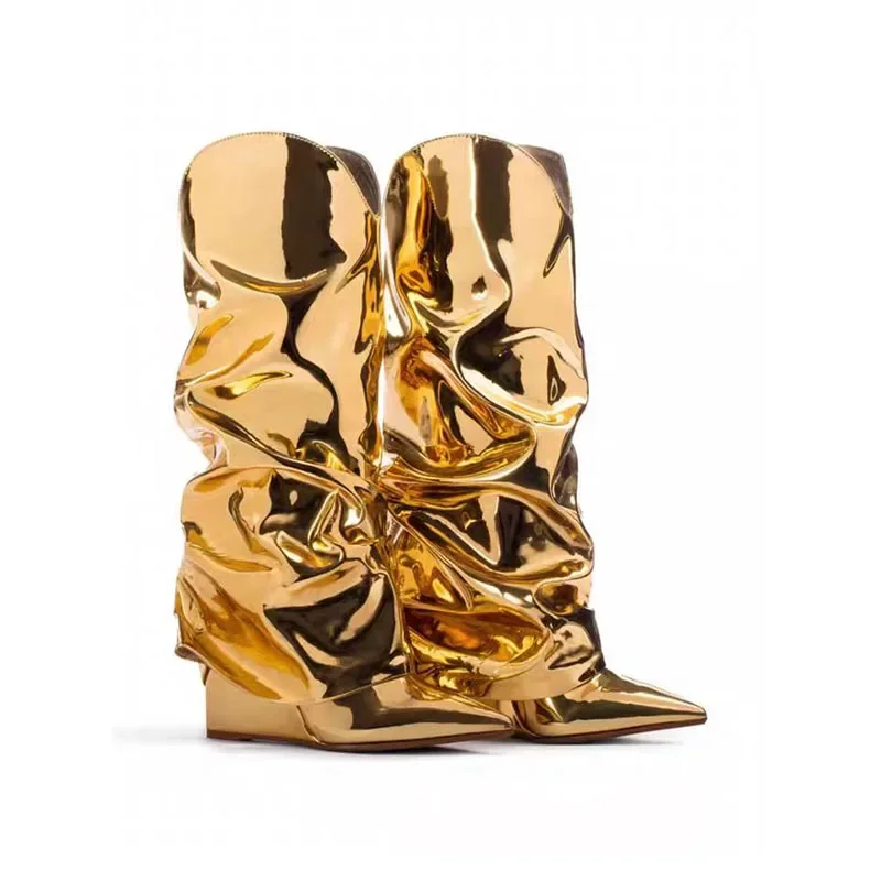 Arden Furtado/2024 яркие кожаные плиссированные средние ботинки на танкетке современные