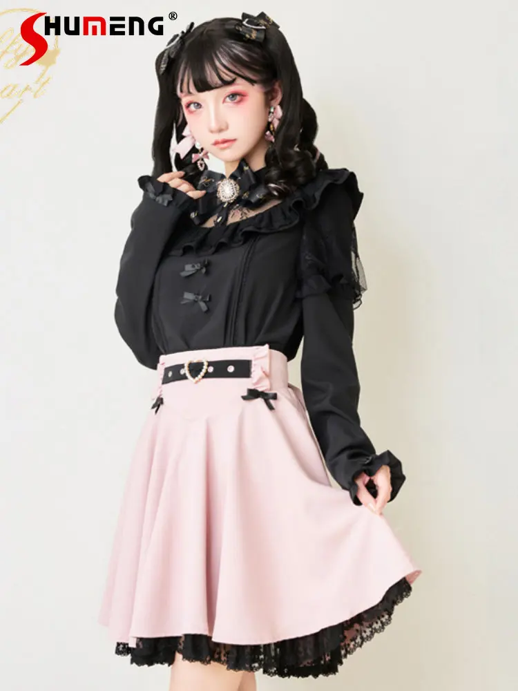 Japanese Sweet Black Blouse Women Cute Woman Lace Chiffon Patchwork Bow Rhinestone Long Sleeve Lining Top Blusas Femininas
