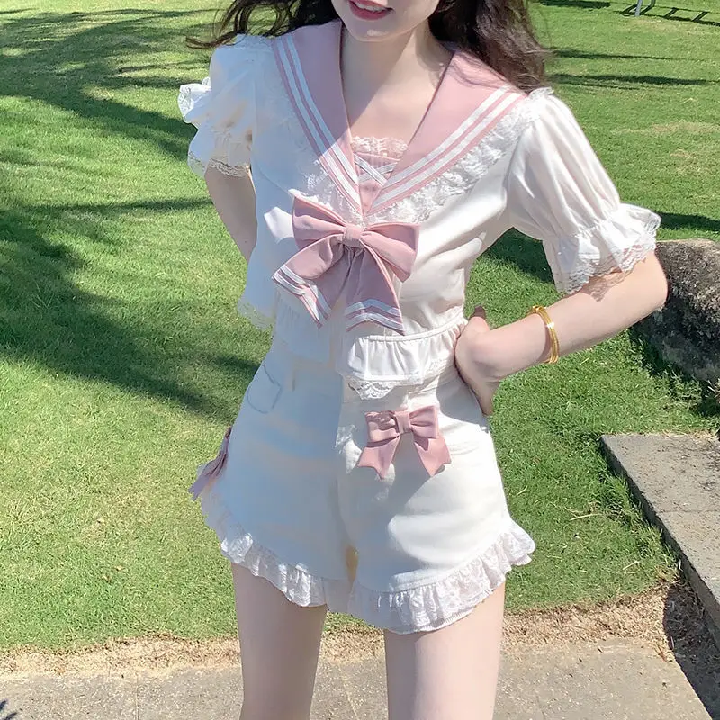 

Japanese College Style Top Short Set Girl Cute Kawaii Bow Lace Denim Shorts Summer High Waist Wide-leg Pants Loli Shorts Women