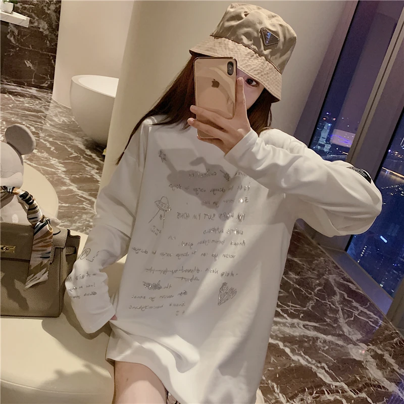 White Long Sleeve Women Tshirts 2022 New Autumn Fashion Letters Hot Drilling Bottoming Top O-neck Loose Pullovers Sanding Top