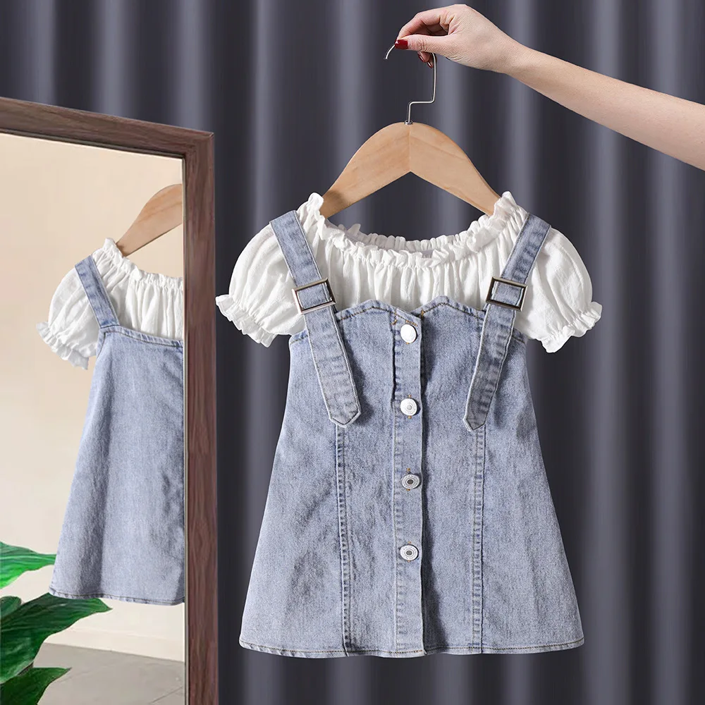

Summer Cloths Set Baby Girl Cute Cotton Denim Girls Sweet Princess 2pcs Suit Children's Clothing Kids Vestidos