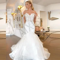 elegant white wedding dresses appliques lace tiered bride vestido off the shoulder mermiaid sweetheart illusion robe de mariee