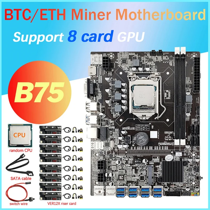 

B75 8 Card Mining Motherboard+CPU+8X VER12X Riser Cards+Switch Cable+SATA Cable 8X USB3.0(PCIE) GPU LGA1155 DDR3 SATA3.0