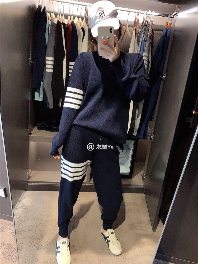 Spring and Autumn High Quality TB Korean Pullover Round Neck Knitted Waffle Four-bar Loose Top Casual Pencil Pants Suit Net Red