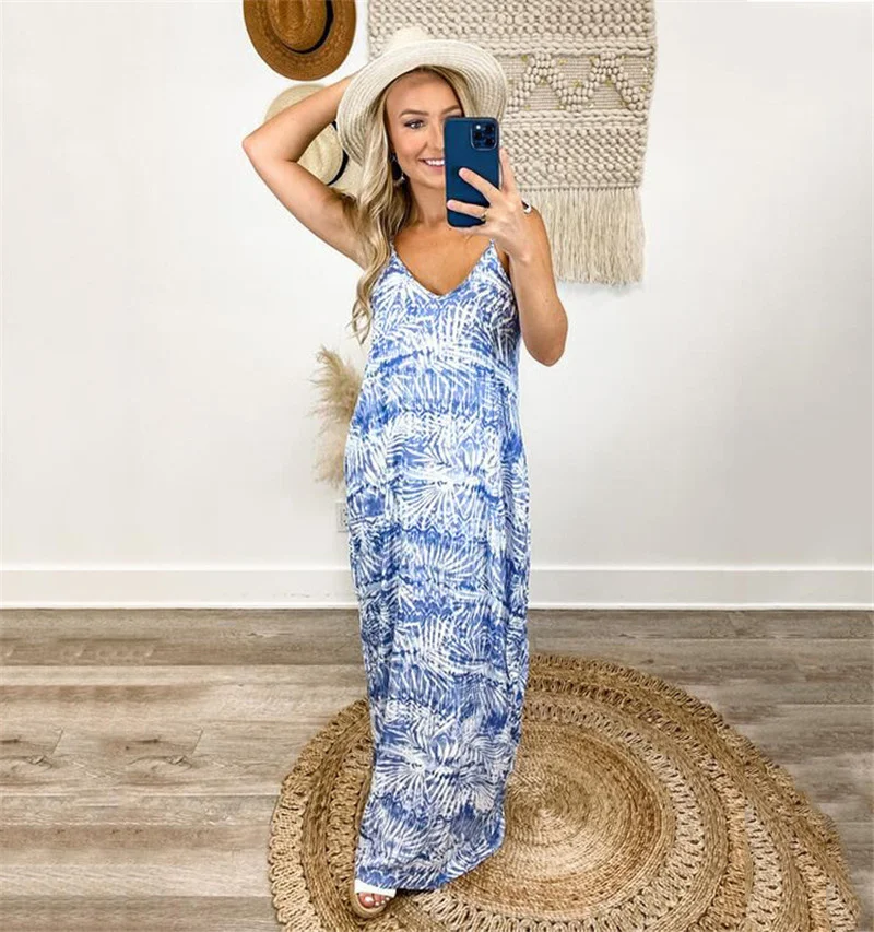 

Dresses for Women 2023 Summer Tie Dye Print V-neck Sleeveless Casual Loose Long Maxi Dress Elegant Female Sundress Robe S-3XL