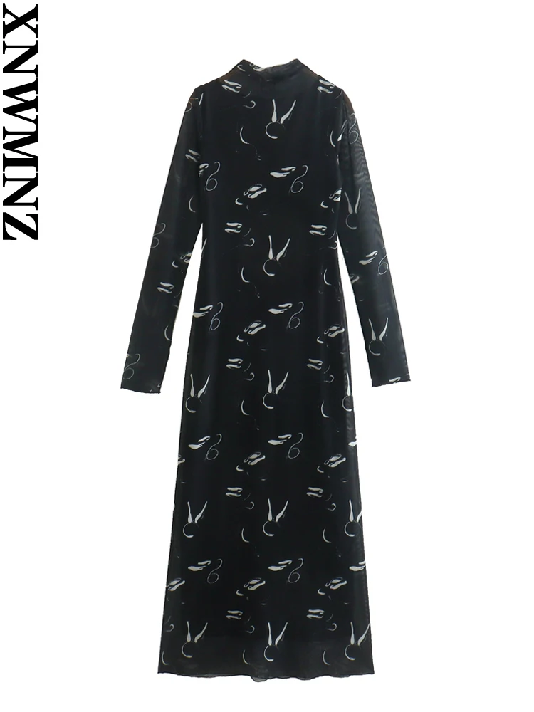 

XNWMNZ 2023 New Women Fashion Print Tulle Semi-sheer Dress Woman Retro High Neck Long Sleeve Female Midi Dresses