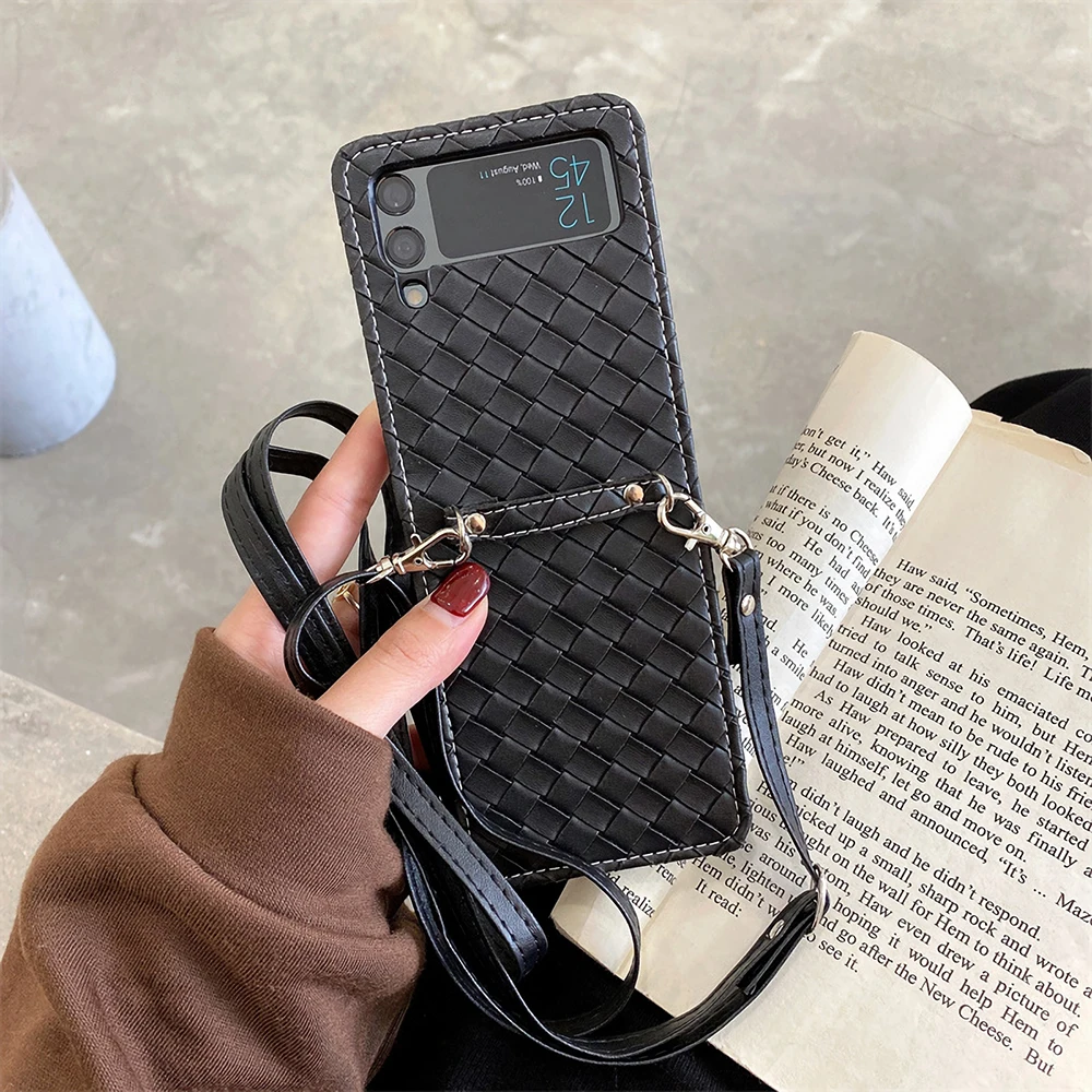

Classic Mesh Checkered Texture Leather Phone Case for Samsung Galaxy Z Flip3 Folding Screen Fashion Back Cover With Lanyard