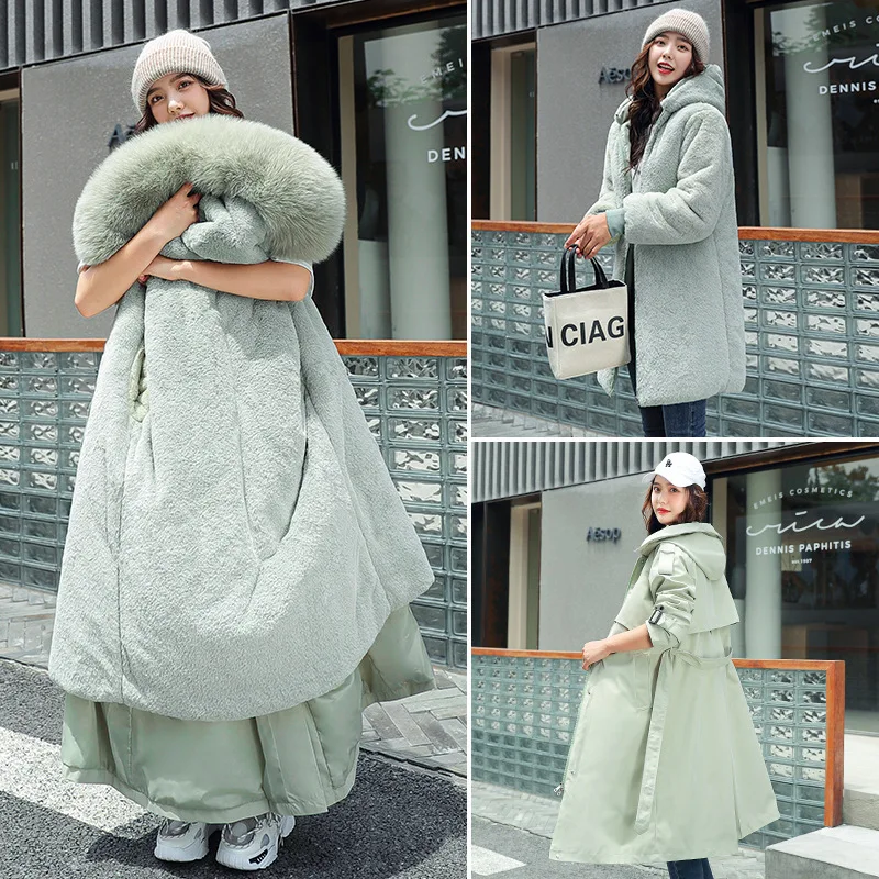 Two sides wear to overcome the long cotton clothes women three wear a waist to show thin inner liner removable cotton jacket