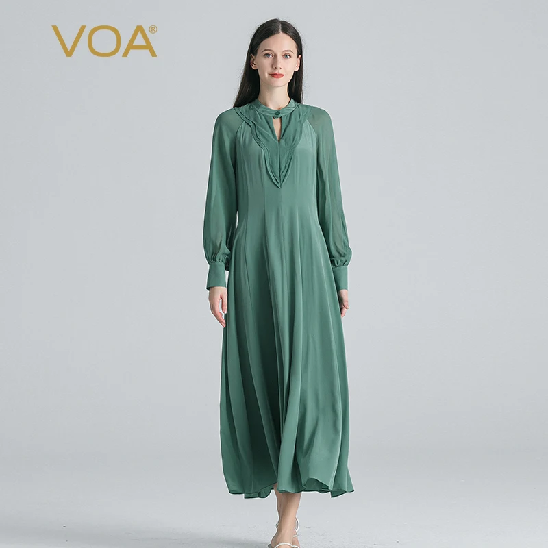 VOA Emerald Green Crepe De Chine Silk Patchwork Georgette Silk Long Sleeve Dresses Hollow Stand Collar Thin Silk Dress AE1768