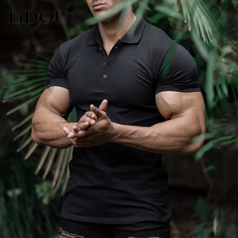 

Summer Fashion Lapel Short Sleeve T-shirt Man Muscular Men's Sports POLO Shirt Men's Sports Fitness Running Tights Male Clothes