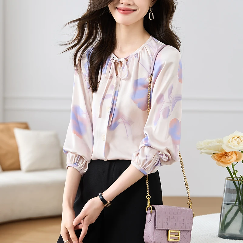 

Chiffon Women's Shirt Summer 2023 New Prints Blouses Loose Long Sleeves Lace-ups Top Vintage Ladies V-neck Clothing YCMYUNYAN