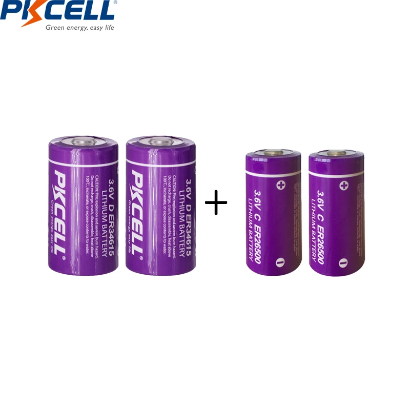 

2PC PKCELL ER26500 3.6V C size Lithium Battery 9000Mah and 2PC ER34615 battery D size Li-SOCl2 Battery PLC controly battery