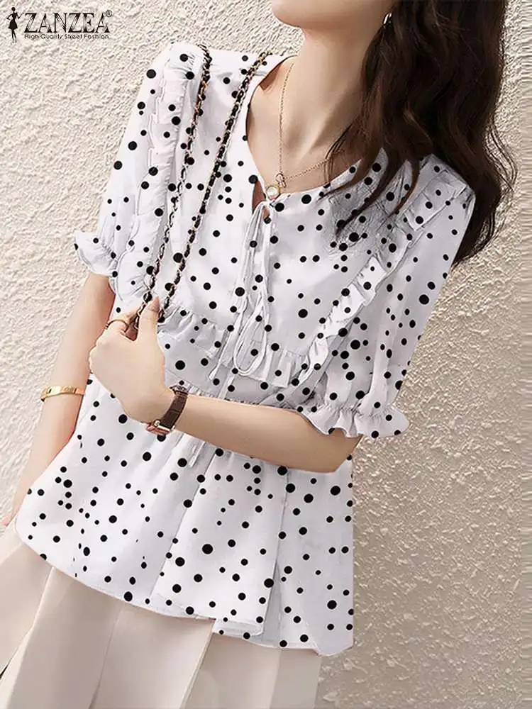 

2023 Summer Lace Up Blouse ZANZEA Fashion Ruffles Stitching Women Casual Short Sleeve Shirt O-neck Blusa Oversize Polka Dot Tops