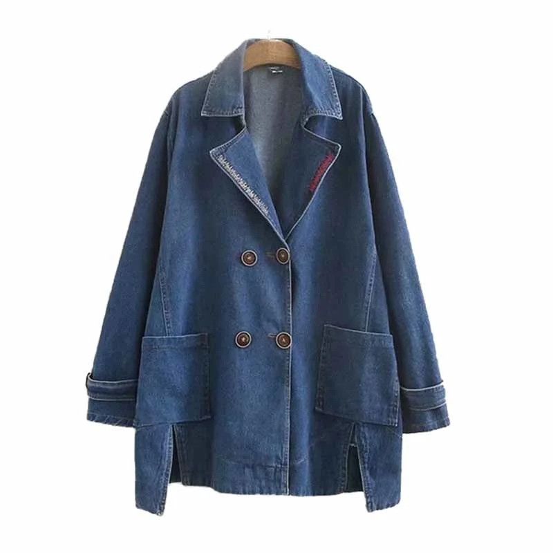 

Women's Denim Jacket Ladies Casual Windbreaker Spring Autumn Coat Profession Wild Fashion Button Double Breasted Loose Cotton