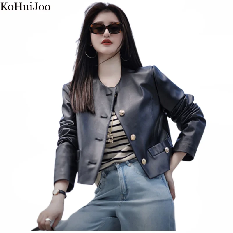 Black Round Neck PU Leather Jacket Women 2023 Autumn New Long Sleeve Casual Loose Vintage Motorcycle Jackets Single Breasted