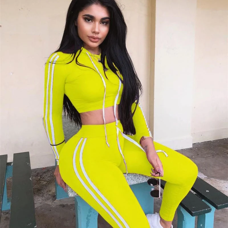 

Женский спортивный костюм из двух предметов, повседневный укороченный топ с капюшоном и штаны, Джоггеры для фитнеса, спортивные костюмы в полоску сбоку, 9 цветов