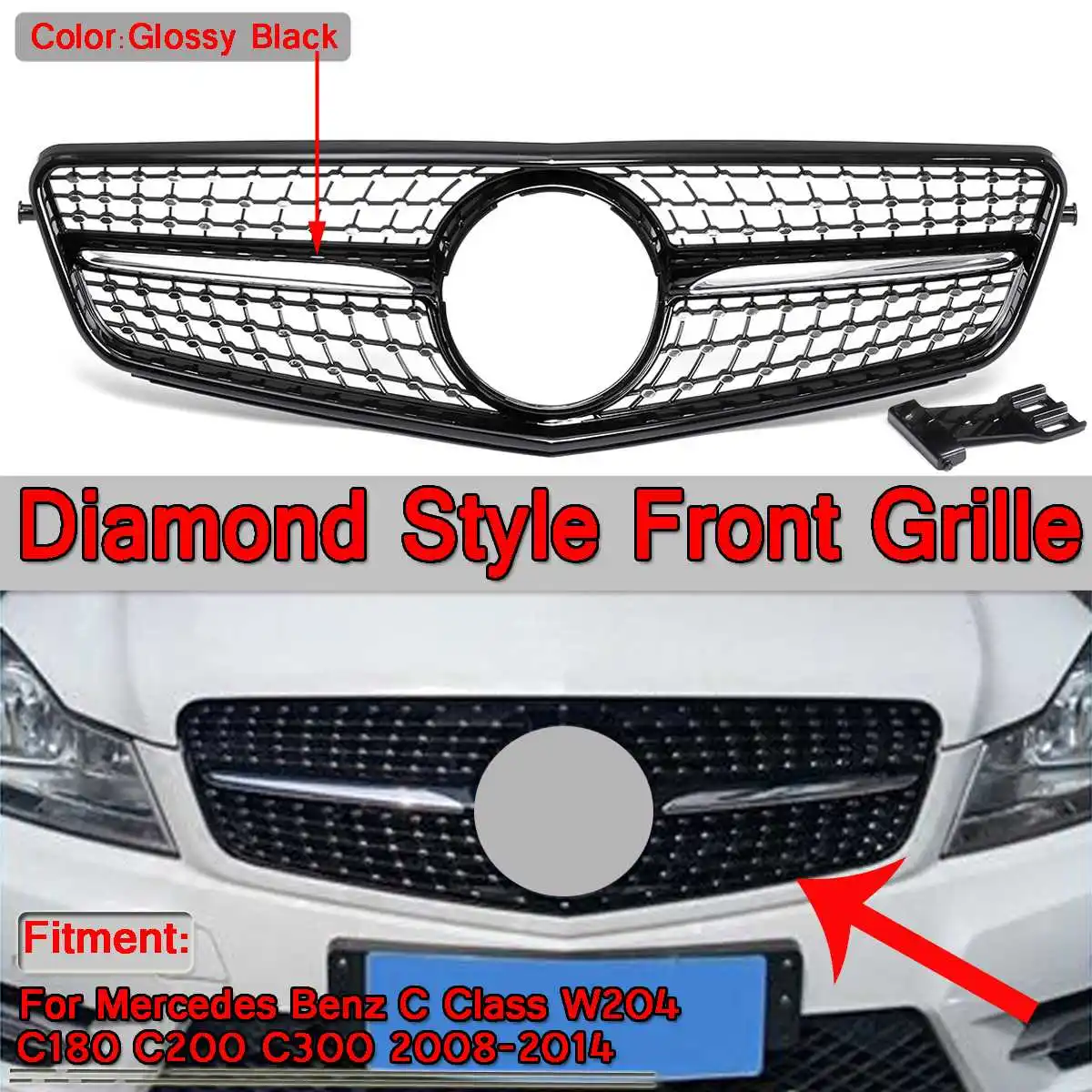 

W204 Diamond Style Grille Glossy Black Car Front Bumper Grille Grill For Mercedes For Benz C-Class W204 C180 C200 C300 2008-2014