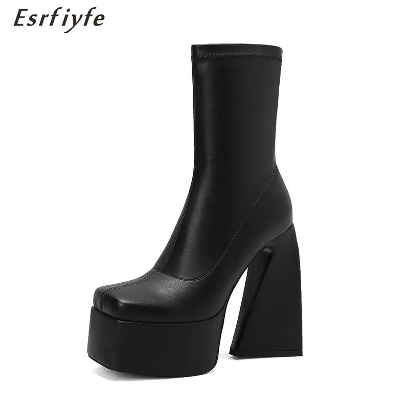 

ESRFIYFE 2023 new Sexy Chunky High Heels Shoes For Women Punk Style Thick Platform Elasticity Microfiber Boots Sapatos Femininos