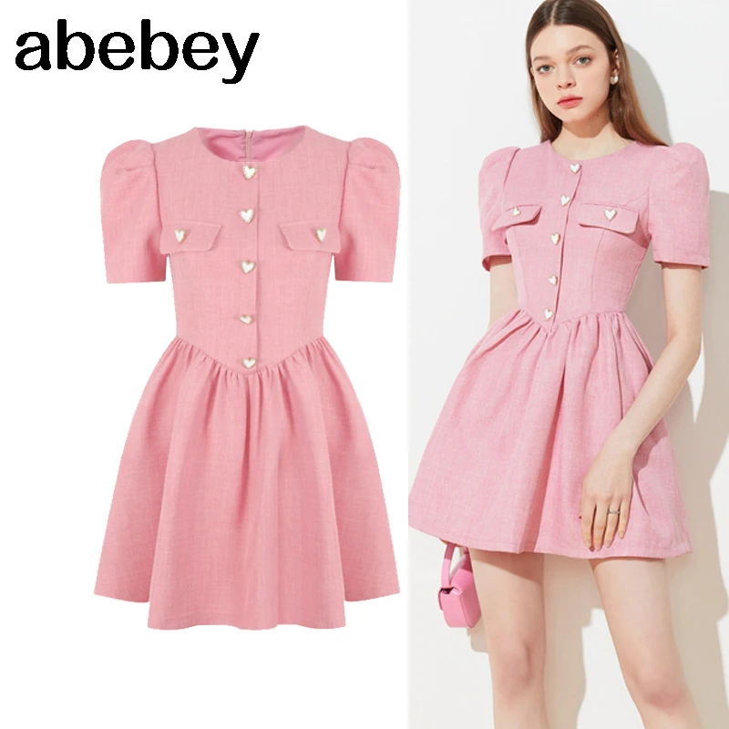 

Women Fashion Designer Button Decor Sweet Girl Pink Color A Line Mini Short Party Night Dresses Summer Casual Streetwear