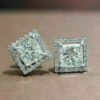 new classic silver plated square crystal stud earrings for women shine white cz stone inlay fashion jewelry wedding party gift