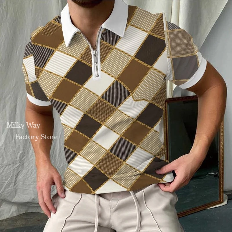 Polo Shirt Casual Turn Down Collar Zipper Stripe Print Tops&Tees Fashion Clothing Vintage StreetwearSelectionMen's Summer