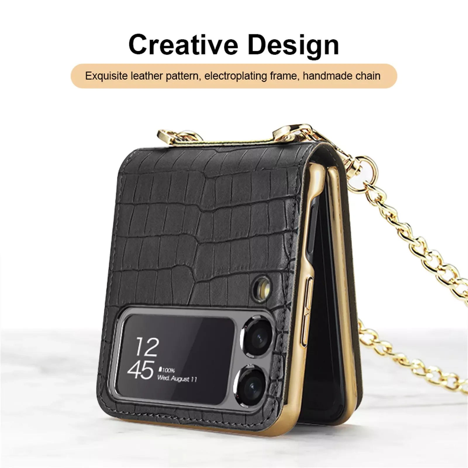 

NEW Case Galaxy Z Flip 3 5G Chain Full Protection Cover Camera Glass Crocodile Leather Back Case With Makeup