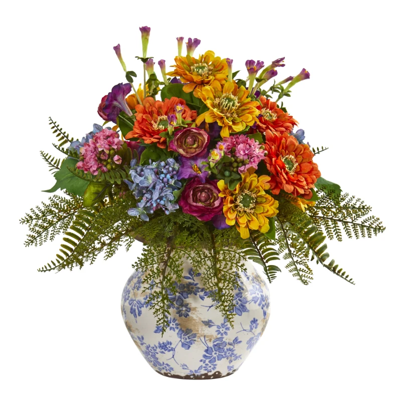 15" Mixed Floral Artificial Flower Arrangement in Floral Vase, Mixed