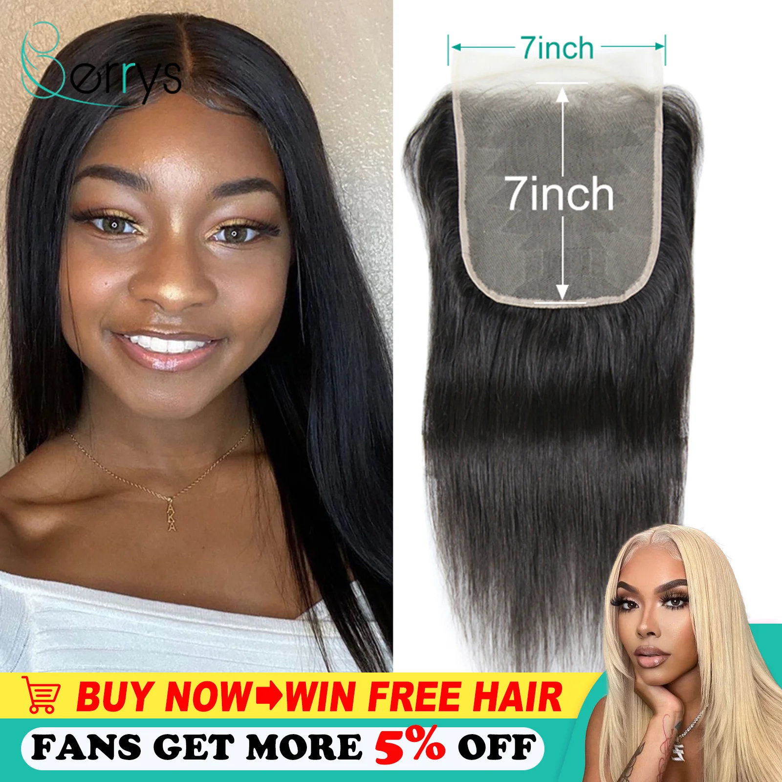 

Berryshair Peruvian Raw Virgin Hair Straight 7x7 Lace Closures Lace Closure Natural Color Bleached Knots Free Part for Women