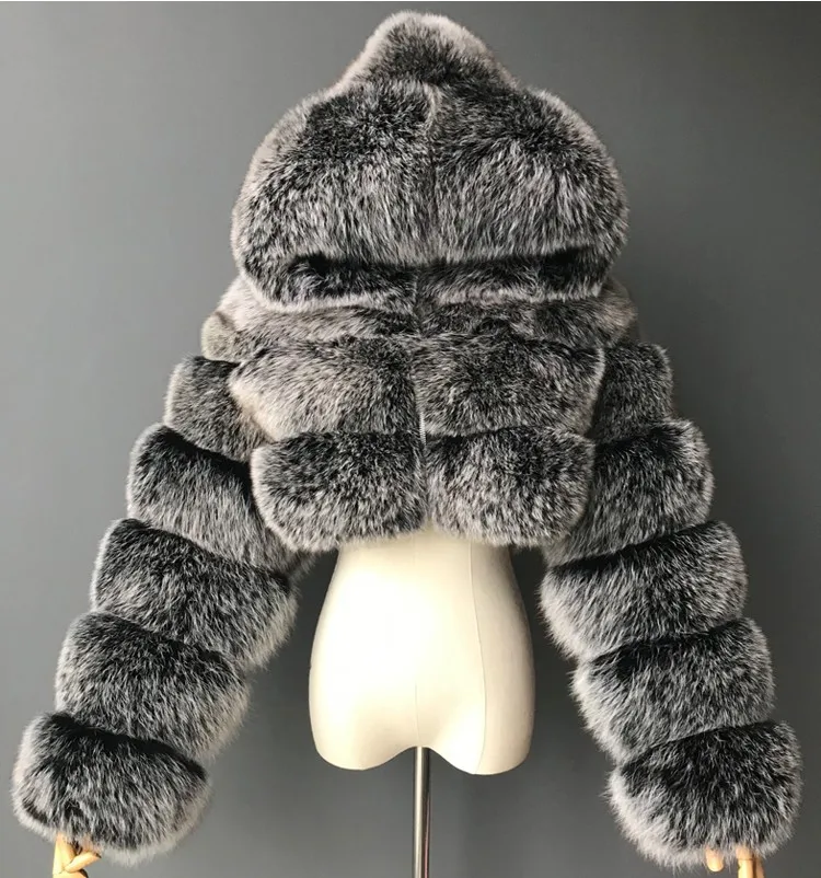 QWIN Fashion Hooded Faux Fur Coat Women 2022 Winter High Quality Warm Blue Furry Overcoat Elegant Plush Crop Jacket Femme