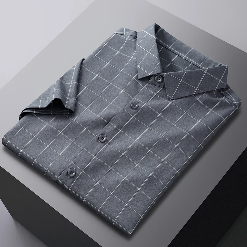 

Men's Shirt Classic High-quality Soft Short Sleeve Fashion Summer Casual Slim Fit End Top Grade New Business Lattice Lapel Cool