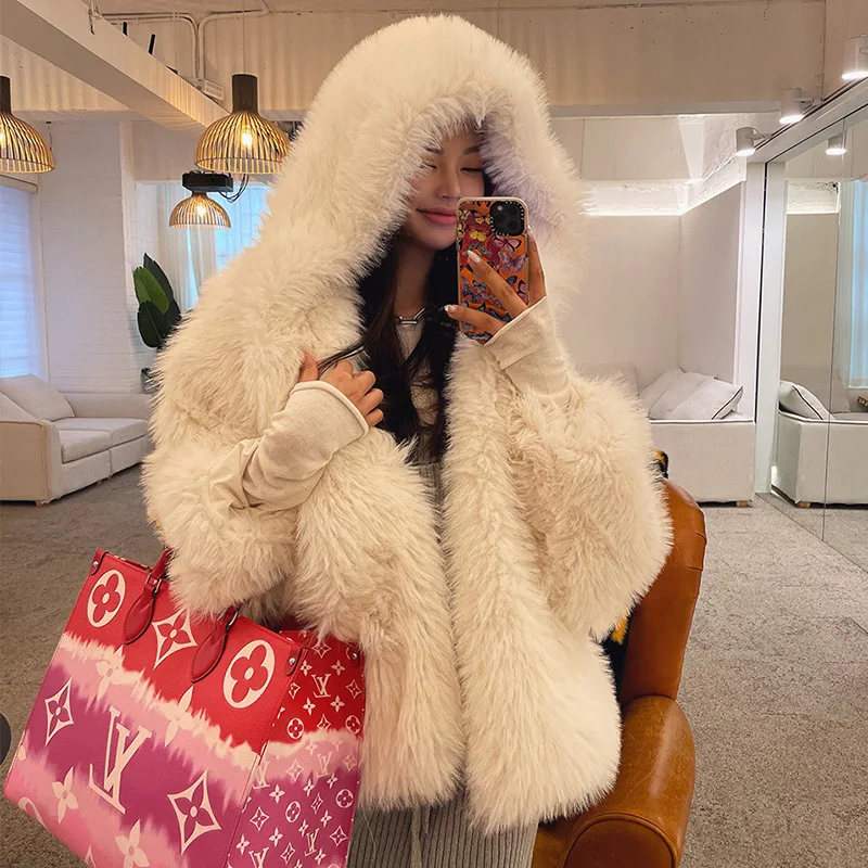 HOUZHOU Faux Fur Coat Women Winter 2022 Luxury Fluffy Coat Korean Hooded Loose Faux Fox Fur Cardigan Overcoat Female High Street