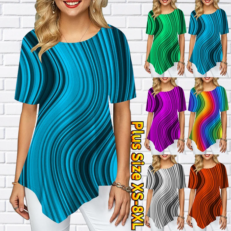 

2023 New Summer Women's Abstract Printed Top Vintage T-shirt Round Neck Pullover Elegant Clothes Everyday Loose Size Tee Shirt