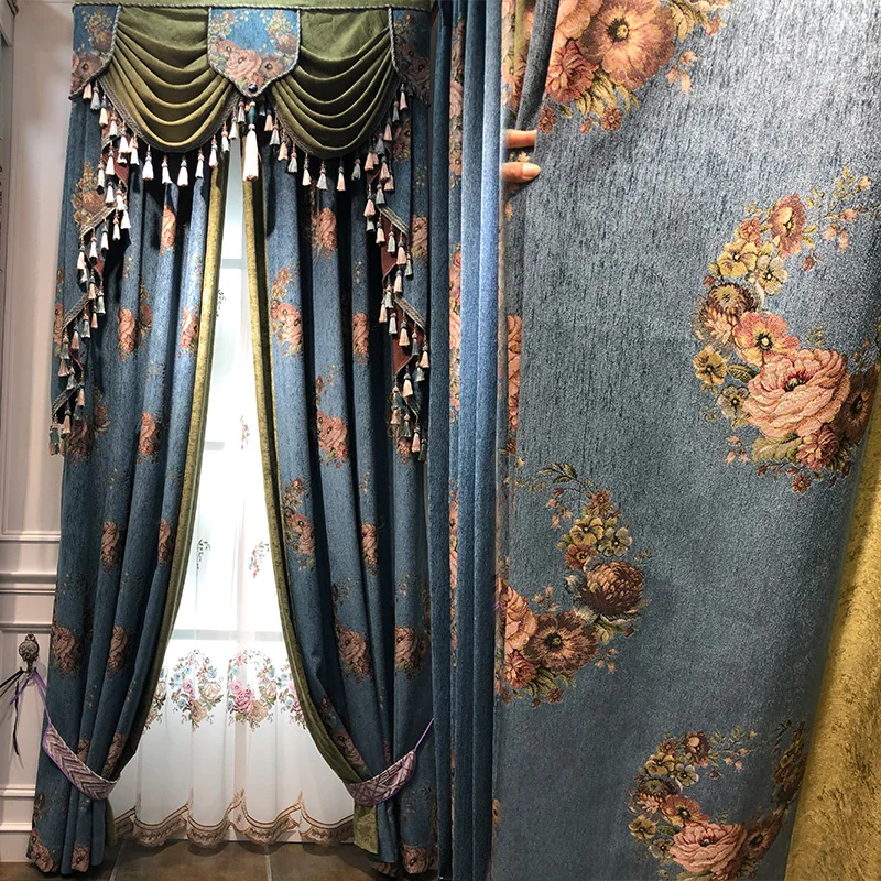 

High-quality Modern Beautiful European Style Luxury Blue Blackout Curtains for Living Room Bedroom Customize
