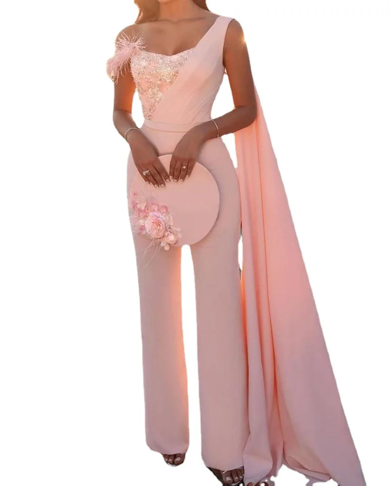 Autumn Women's New Fashion Sexy Slim Jumpsuit Slant Shoulder Feather Sequins Stitching Party Jumpsuit Female 2023