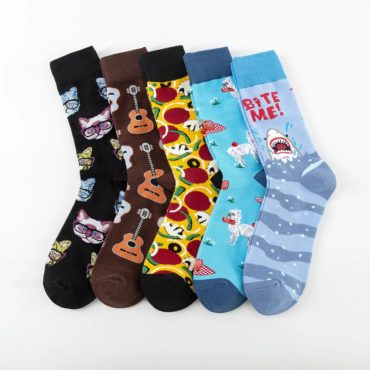 5 Pairs New Color Fashion Casual Men Cotton Socks Happy Cat Guitar Mushroom Alpaca Shark Funny Socks for Men Wholesale